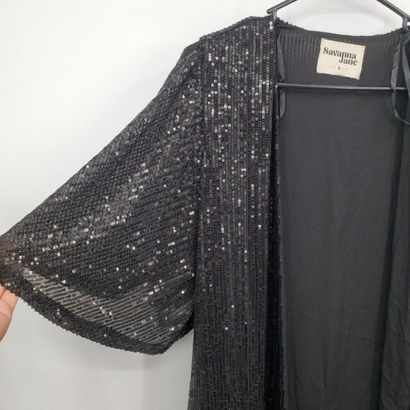 Savanna Jane Sequin Kimono Tunic Cardigan Oversize Open Front Small Women Black - Picture 3 of 10